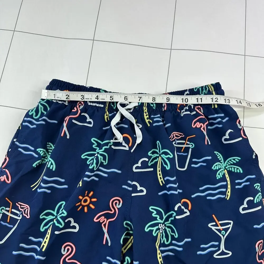Chubbies Swim Shorts Men Medium Blue Electric Neon Flamingo Palm Tree Mesh Lined
